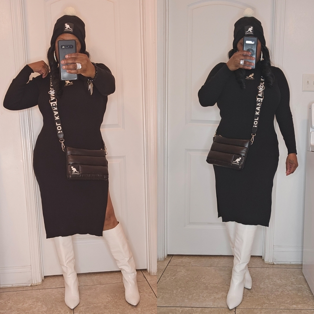 Kangol Black Ribbed Long Sleeve Bodycon Midi Dress
